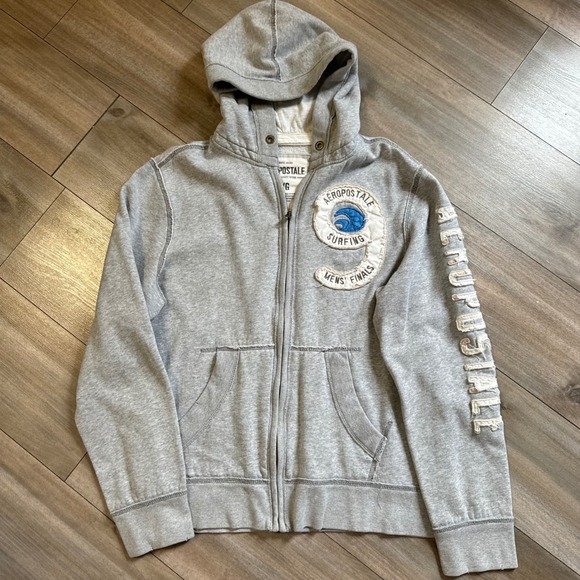 Aeropostale Other - Aeropostale Mens Surfing Finals Zip Up Hoodie Gray Large Distressed Graphic Y2K